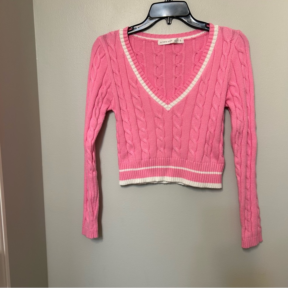 Altar'd State pink cropped cable knit V-neck sweater white trim Small Y2K 90’s